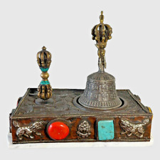 TIBETAN BUDDHISM TEMPLE BELL & VAJRA DORJE SCEPTRE BOX STAND STONE SET picture