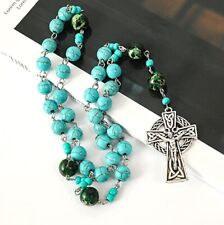 Turquoise Stone Beads Rosary Green Jade Our Father Prayer Rosary Celtic Cross picture