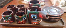 Vintage Alaskan Native American Red Ware Totem Pole Tea Set with Wood Holder picture