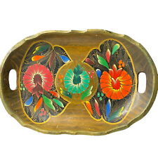 Vintage Mexican Hand Painted Wood Platter Tray Serving Ware, Floral Motif, 14x9