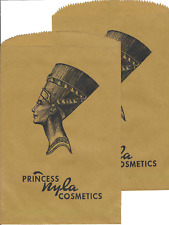 2 VINTAGE UNUSED 'PRINCESS NYLA COSMETICS' PAPER BAGS GREAT EGYPTIAN LOGO picture