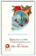 1921 Christmas Greetings Santa Reindeer Sleigh Bell Holly Flowers Seal Postcard picture