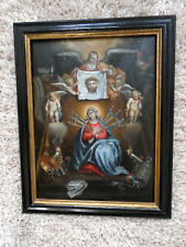 Antique top religious oil panel painting madonna 7 sorrows angels rooster rare picture