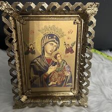 Vintage Our Lady Of Perpetual Help Gold Metal Frame Virgin Mary Religious Pic picture