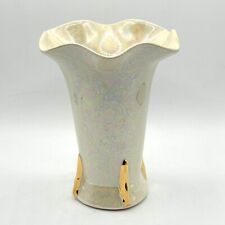 Vintage Ivory Iridescent Lusterware Opalescent Ruffle Rim Vase Gold Trim Ceramic picture