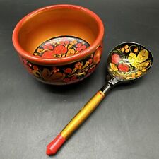 Vintage Khokhloma Russian Wood Hand Painted Spoon & Bowl  Black Folk Art Laquer picture