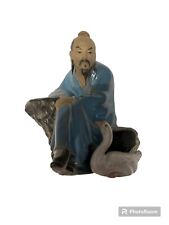 Vintage Shiwan Chinese Mud Man Sitting On A Rock With A Goose Pottery Figurine picture