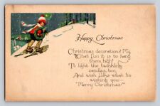 c1920s Child Walking Carrying Wreath Rabbit Snow Christmas P286 picture