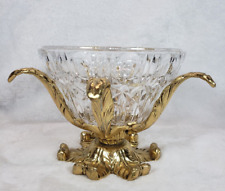Vintage Hollywood Regency Cut Glass Brass Centerpiece Footed Pedestal Bowl picture