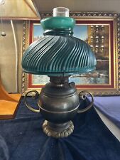 Vtg Brass Oil Kerosene Lamp Flamingo Handles Green Shade Hurricane 1890 Burner picture