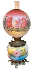 Antique 1890s American Lamp Gone With The Wind Electrified Oil Lamp with Flowers picture