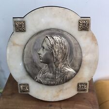 Antique French Plaque Virgin Mary 1800 Easel Wall 11” White Marble Brass Lourdes picture