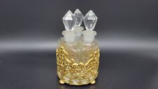 VINTAGE TRIPLE GLASS PERFUME BOTTLE SET with PAINTED METAL BASKET picture