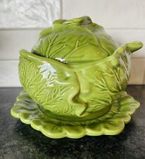 Vintage Holland Mold Green Cabbage Serving Bowl W/Lid & Plate USA 1973 picture