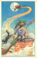 Curt Nystrom Swedish Postcard Easter Witch Lights Rocket Broom, Man in Moon, Cat picture