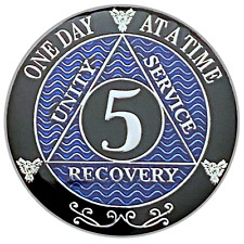 AA 5 Year Coin Blue, Silver Color Plated Medallion, Alcoholics Anonymous Coin picture