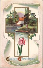 Vintage EASTER Greetings Postcard Lake / Boat Scene / Cross Border -1913 Cancel picture
