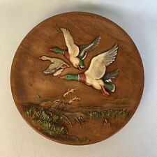 Vintage Flying Ducks Chalkware Ceramic Plate 14” Wall Decor 3 D Hand Painted picture