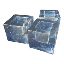 Kosta Boda Sweden Blue Clear Brick Cube Square Glass Votive Candle Holder Set 3 picture