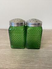 Vintage Owens Illinois Salt Pepper Shakers Green Depression Glass Waffle Hoosier picture