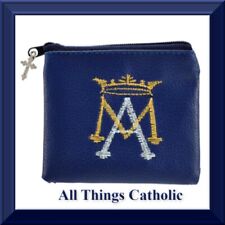 Ave Maria Embroidered Zipper BLUE Rosary Case Cross Dangle 3-1/2 x 3-1/4