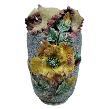 Antique Sand Majolica Pottery Vase Barbotine Ornate Flower Leaf Motif Victorian picture