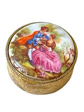 Vintage Trinket Box Porcelain Painting Transfer Courting Couple Pill Box picture