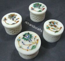 Set of 4 Pieces White Marble Trinket Box Filigree Work Multiuse Box 2.5 Inches picture