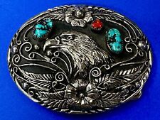 American Bald Eagle Turquoise Swirl Flower Handcrafted VTG 1998 SSI Belt Buckle picture