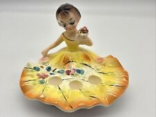Vintage Wales Japan Ceramic Lipstick Holder Vanity Lady Yellow Dress Roses READ picture