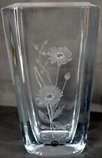 Strombergshyttan Crystal Vase Hand Blown Glass Pale Blue Engraved MCM Sweden Vtg picture