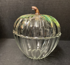 Apple Shaped Hand Painted Clear Glass Candy Jar  Lid 5.5