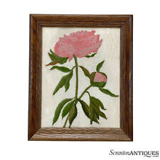 Mid-Century Modern Crewel Embroidery Stitched Pink Rose Floral Art Wall Hanging picture