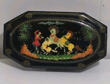 VTG Russian Lacquer Trinket Box Jewelry Octagon Handpainted Signed Woman Horses picture