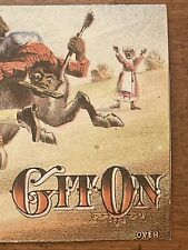 TOBACCO ULTRA RARE 1880’s TRADE CARD GIT ON Sherer Shirk Chicago Men Riding Mule picture