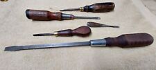 Old lot of 5, wood wood handle screwdrivers, 100 plus Stanley, Germany, Mass. picture