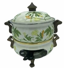 Vtg Asta German Enamelware Fondue Warmer Pot Brass Handles & Feet Floral Squash picture