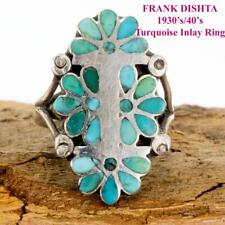 FRANK DISHTA Turquoise Flush Inlay Ring Sterling Silver ZUNI sz 4.5 OLD Pawn picture