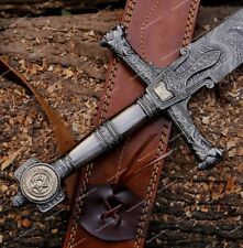 Hand Forged Damascus Steel King Solomon Crusader Sword With Leather Sheath  picture