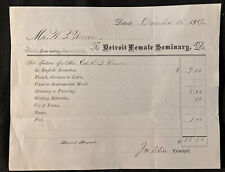Original 1869 DETROIT FEMALE SEMINARY Tuition Invoice of Classes EDITH B WESSON picture