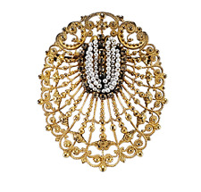 Miriam Haskel Brooch Hand Wired Seed Pearls Gold Plate Filigree Design Signed picture