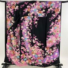 62inc Japanese Kimono SILK FURISODE Weeping cherry blossoms Snow ring Black picture
