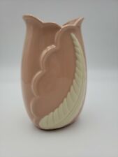 Vintage Ceramic Vase Soft Rose pink.  White leaf/ feather 1950s 1960s  picture