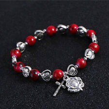 Virgin Mary Red Stone Beads Stretch Rosary Bracelet Ave Maria Rose Charm Cross picture