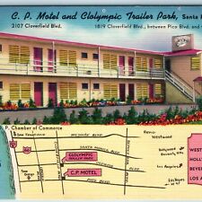 c1950s Santa Monica, CA C.P. Motel Clolympic Trailer Park Map Linen RARE PC A215 picture