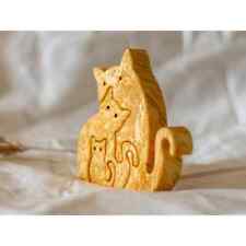 Handmade Carved Wooden Cat Family Puzzle Maple Burl Wood Unique Home Decor picture