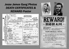 1882 JESSE JAMES PHOTO 8.5X11 WANTED DEATH CERTIFICATE WILD WEST GANG REPRINT picture
