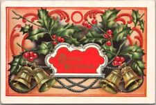 Vintage Embossed MERRY CHRISTMAS Postcard Gold Bels / Holly / 1910 Cancel picture