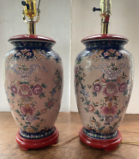 Pair of Handpainted Moriage Chinese Porcelain Lamps Chinoiserie Floral Large Vtg picture