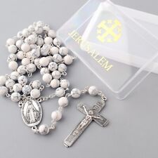 Catholic Jerusalem Rosary Necklace White Turquoise beads Miraculous Medal &cross picture